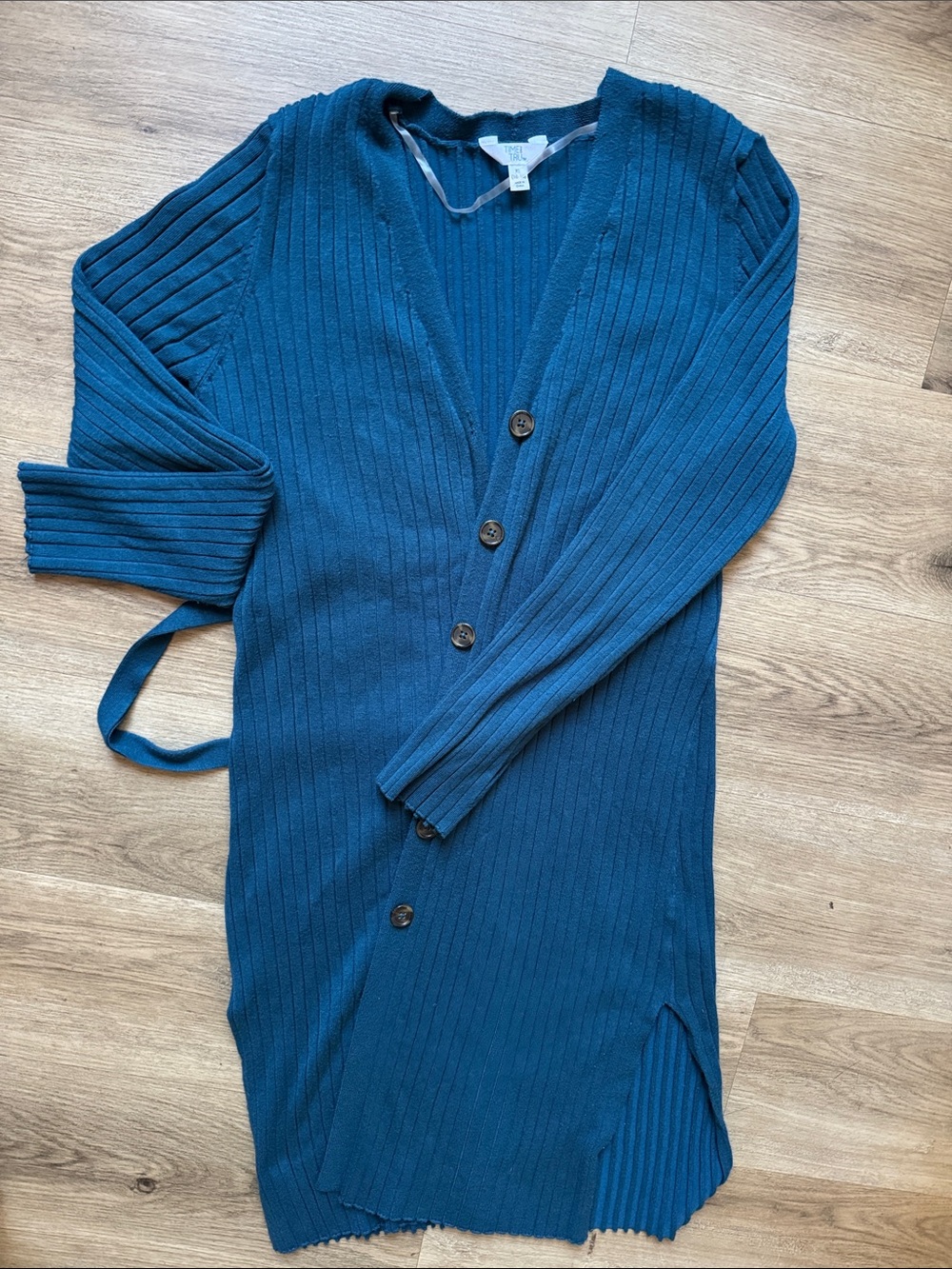 Time and Tru Teal Ribbed Button-Front Long Cardigan